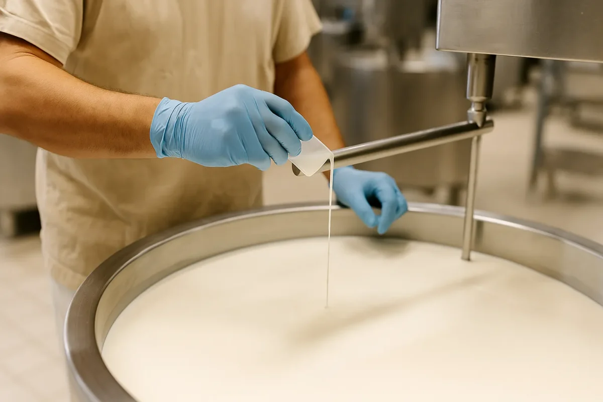 Quesero añadiendo fermento líquido a la leche durante la fermentación en quesos artesanales