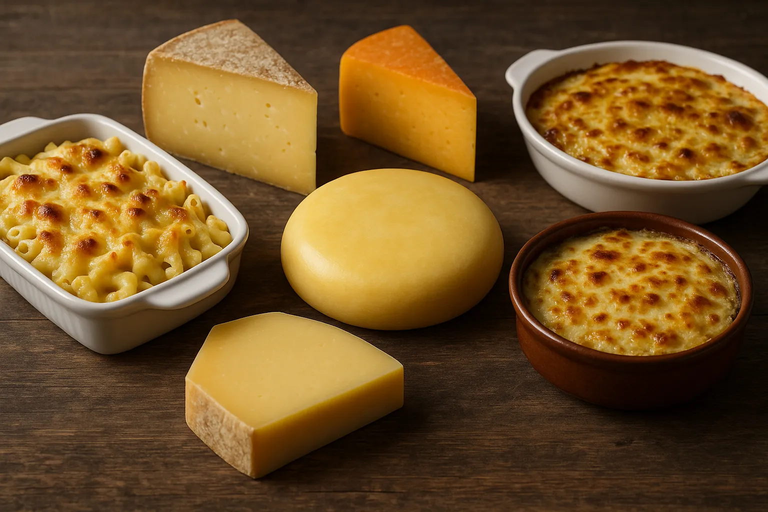 Variedad de quesos para gratinar junto a platos horneados con queso fundido