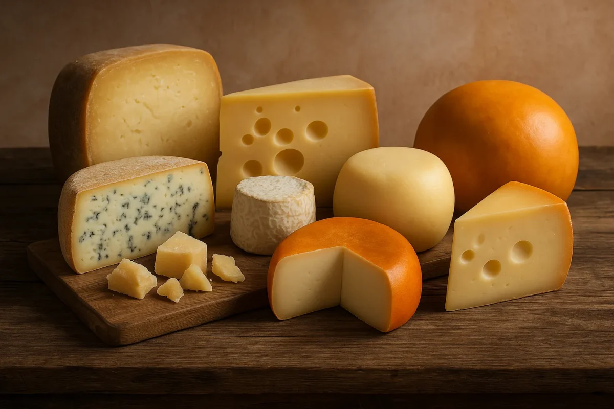 Variedad de quesos europeos sobre tabla de madera: curados, azules, con agujeros y corteza lavada